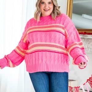 Pink Lily Good On My Own Pink Striped Cable Knit Sweater
